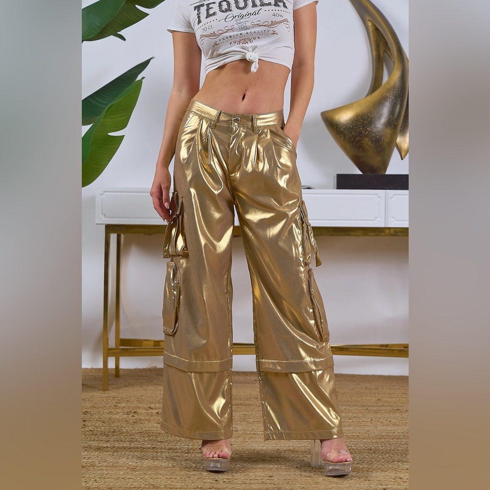 Rodeo Quincy NFR Gold Metallic Cargo Pant Large Italy ITOO Exclusive Funky Disco